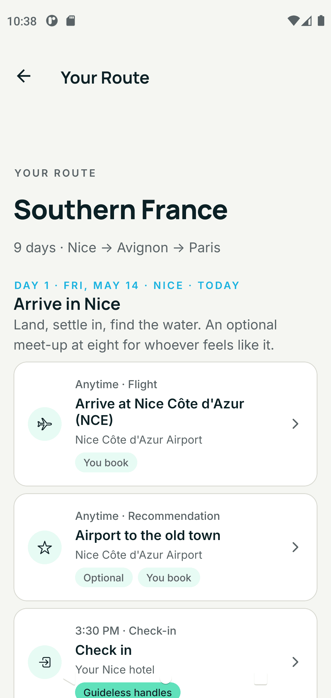 The Guideless app's day-by-day itinerary