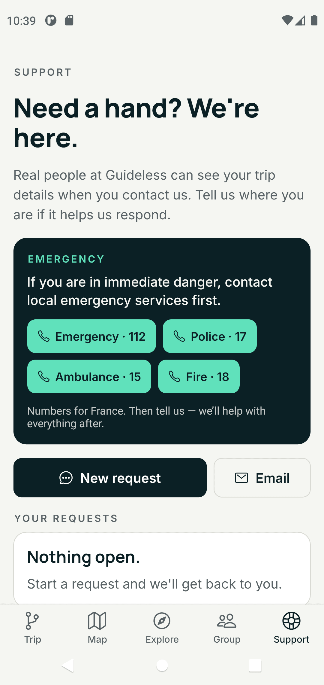 The Guideless app's Support screen with a private thread