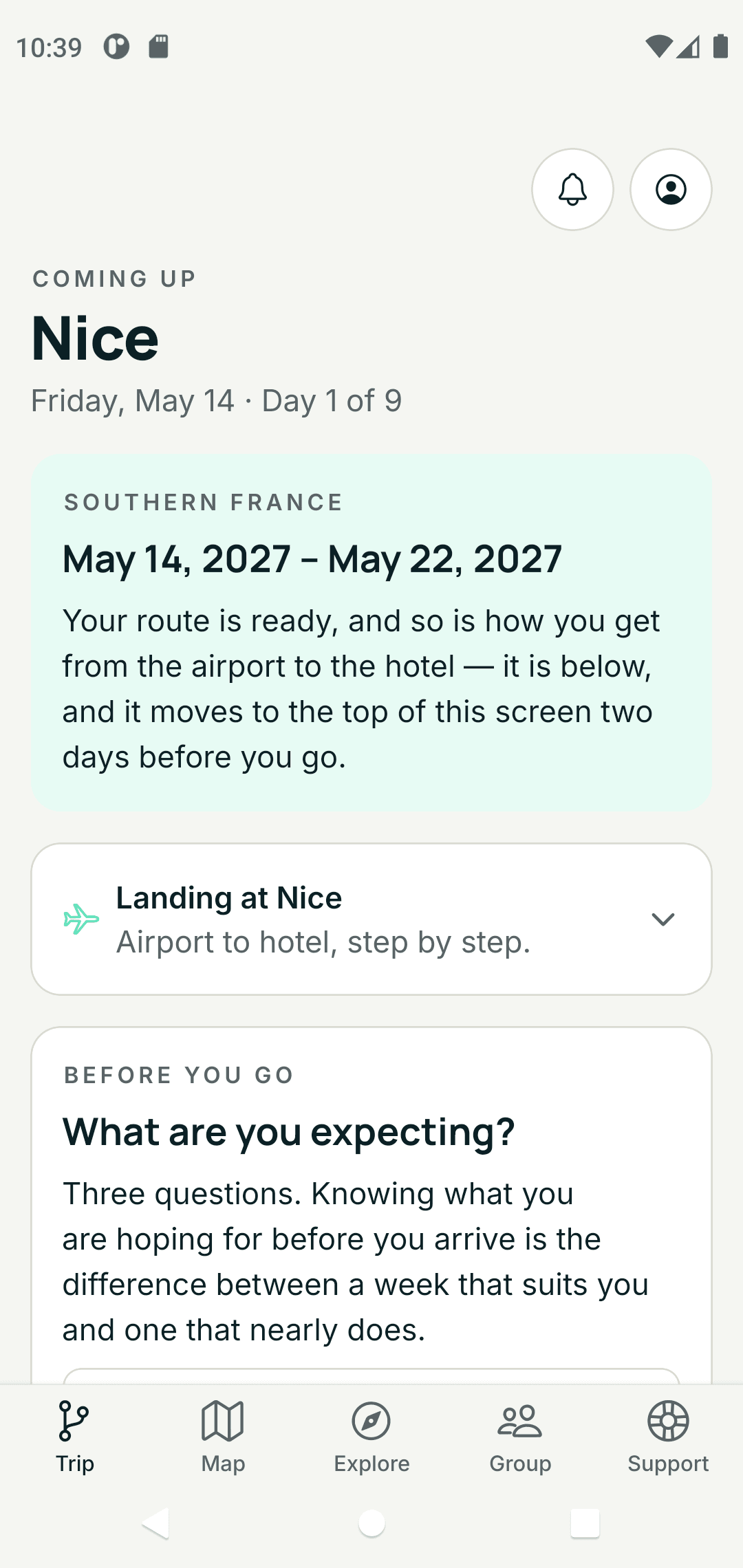 The Guideless app's Today screen with the next itinerary item and the time until it