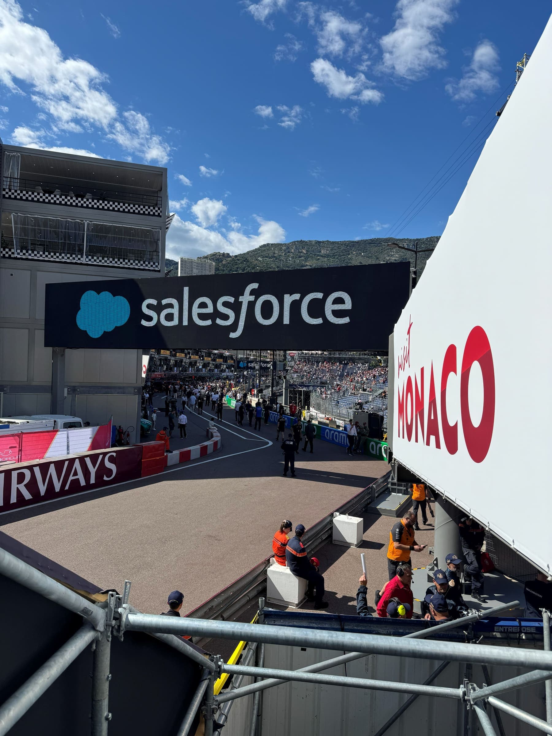 Circuit signage and grandstands over the harbour section of the Monaco circuit