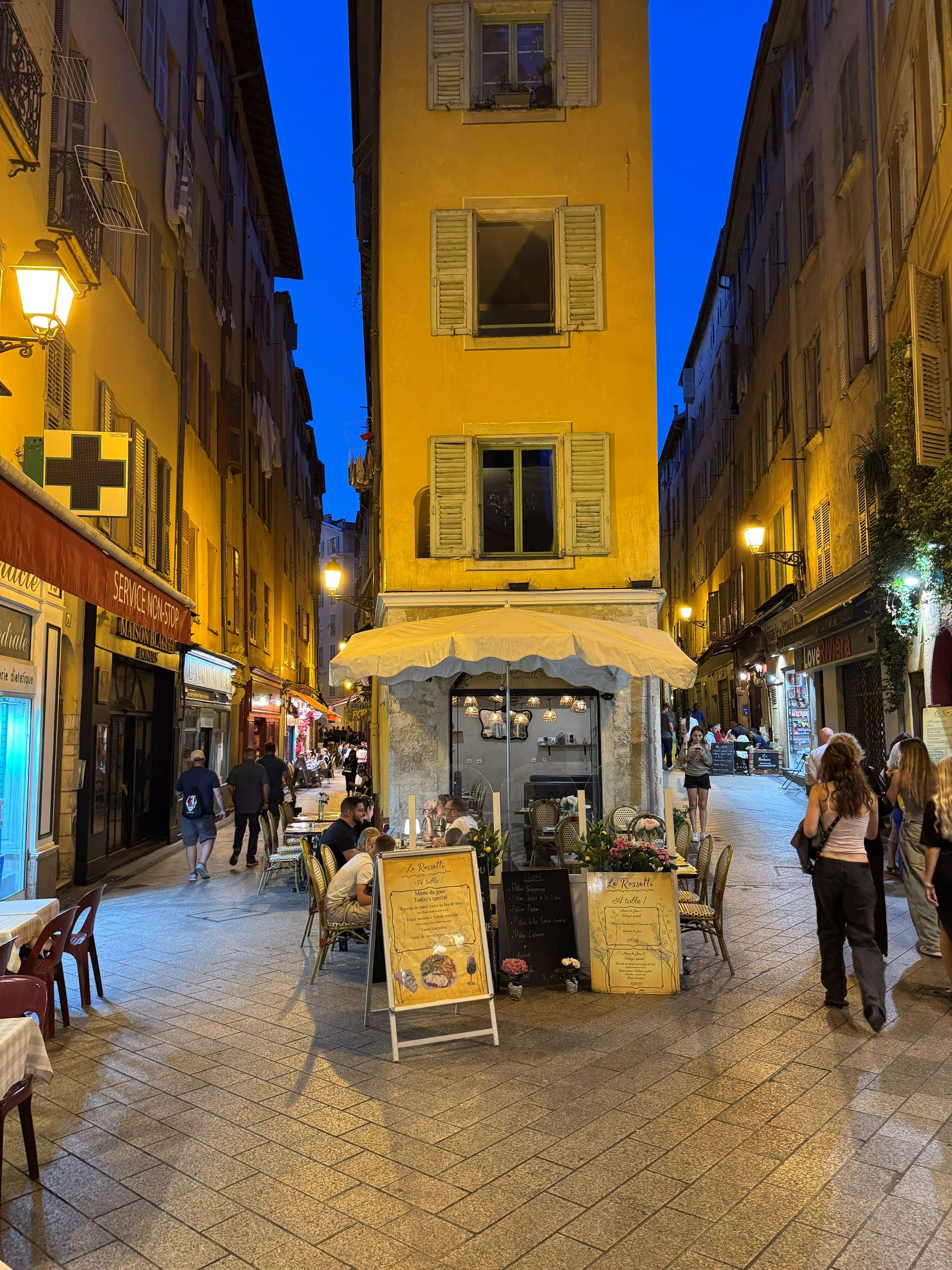An old-town lane in Nice at blue hour