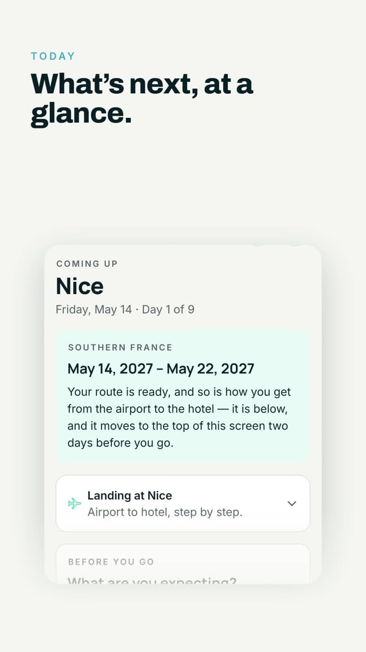 The Guideless app's Today screen, showing the next stop and the airport transfer
